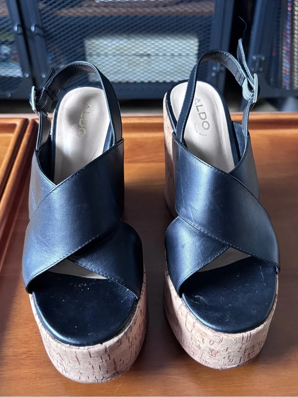ALDO Black Leather Cork Platform Sandals